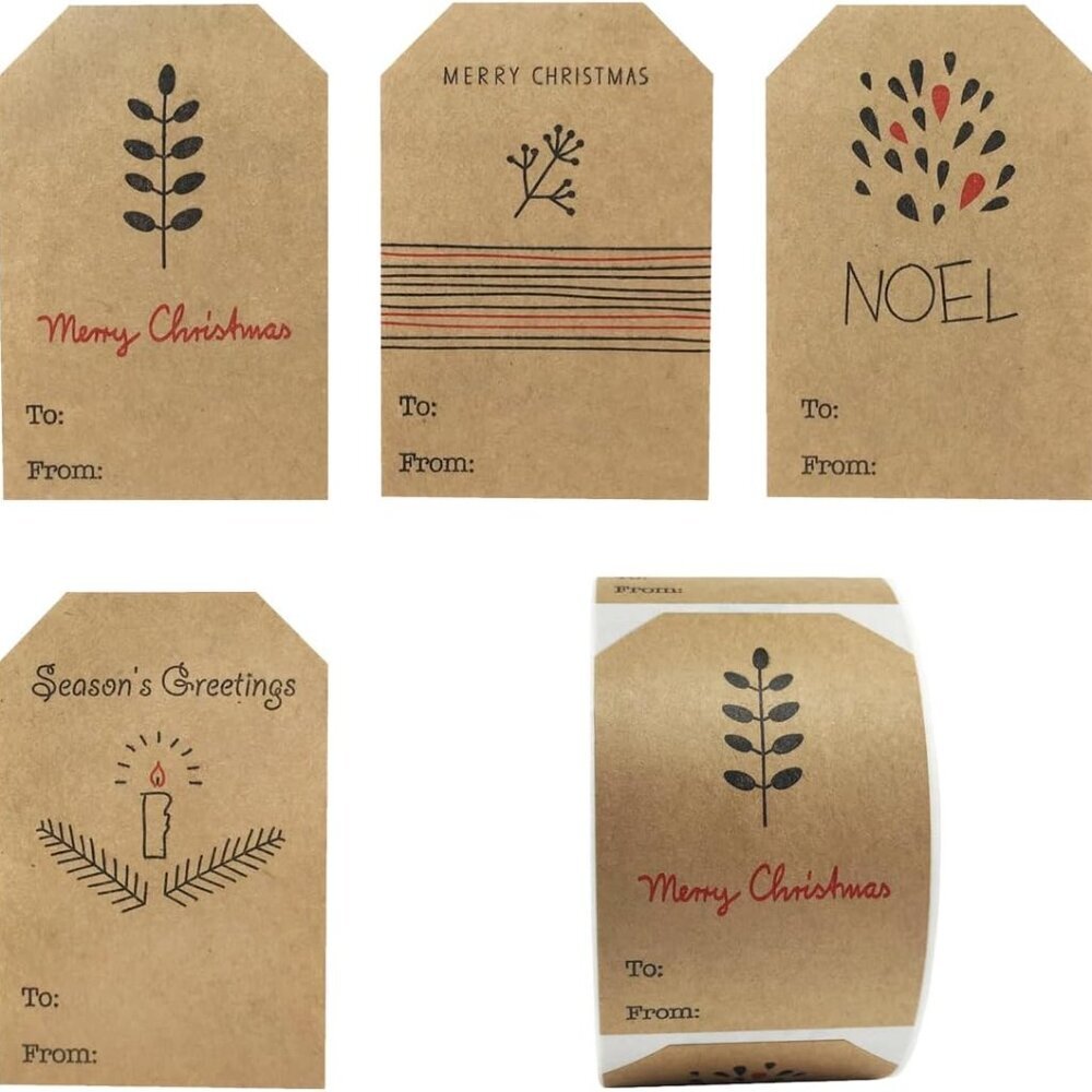 Boho Simple Christmas Gift Tag Adhesive Stickers – 2 x 3 Inch Labels, Roll of 10